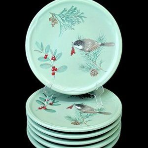 Set/6 Pfaltzgraff Chickadee Salad Plates 8.25" Winterwood Green leaves 1999-2010